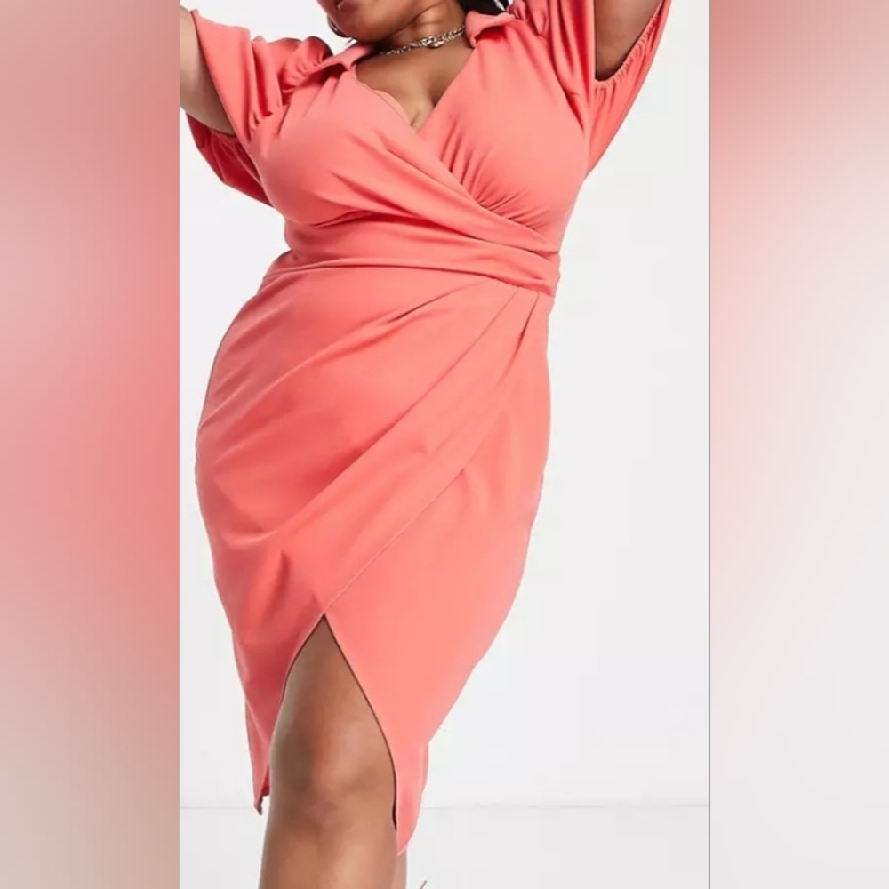 ASOS Curve Coral High-Low Wrap Dress